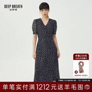 深呼吸DEEP BREATH女裝V領(lǐng)中長(cháng)高腰泡泡袖收腰碎花連衣裙A500197 藏藍-波點(diǎn) S (2碼)
