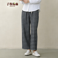 子牧棉麻2026春裝 女簡(jiǎn)約百搭休閑通勤格子松緊腰寬松闊腿休閑褲Y4 黑灰格紋 2XL (建議135-145斤)
