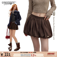 UNIFREE大碼條紋波點(diǎn)毛呢半身裙韓系新品復古高腰通勤百褶短裙花苞裙 咖色 S