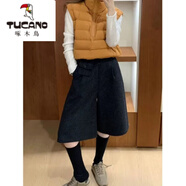 啄木鳥(niǎo)（TUCANO）簡(jiǎn)約高腰灰色毛呢短褲女秋冬季2026新款寬松褲中褲腰包顯瘦 黑色配腰包 后中有松緊帶 XL 120-130