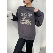 南魚(yú)百搭又好看肯豆風(fēng)復合一體絨美式復古圓領(lǐng)套頭印花加絨衛衣 深灰 均碼