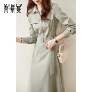 梵希蔓襯衫裙輕奢設計感的裙子過(guò)膝連衣裙高端春秋女裝 F6287 淺灰綠色 XL
