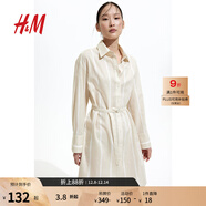 H&M女裝連衣裙25秋新款時(shí)尚透氣亞麻混紡及膝襯衫式連衣裙1275768 淺米色/條紋 S 160/88