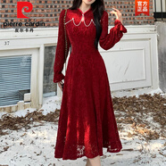 皮爾卡丹（pierre cardin）新中式改良旗袍裙蕾絲連衣裙女秋冬大碼氣質(zhì)復古加厚內搭打底長(cháng)裙 紅色 M 【85-105斤】