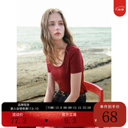 三彩2025秋款純色方領(lǐng)T恤正肩短袖套頭衫修身短款簡(jiǎn)約M 酒紅 S 155/80A