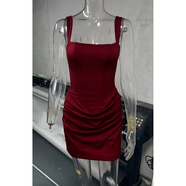 歐美抹胸肩帶式短款綁帶性感辣妹連衣裙時(shí)尚百搭輕奢禮服裙子 酒紅 XL