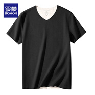 羅蒙280g羊毛桑蠶絲男士保暖貼身無(wú)縫V領(lǐng)短袖t恤2025秋冬天鵝絨底上衣 羊毛桑蠶絲-黑色 XL 【135-150斤】修身