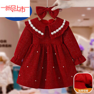 迪士尼女童連衣裙2025新款春款兒童公主裙寶寶冬款禮服紅色加絨裙拜年服 紅色加.絨 80