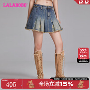 LALABOBO美式復古小丑毛邊純棉百褶半身裙女新款高腰a字裙LBDC-WXZQ16 中藍白 常規 M 26
