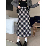 晨陰高腰格子毛呢半身裙女秋冬2024年新款復古格紋包臀裙短裙A字裙子 黑色條紋毛呢長(cháng)裙 S