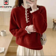 AEMAPE水貂絨套頭毛衣女2025秋冬新款蕾絲拼接珍珠紐扣加厚寬松保暖打底 紅色 L 110-120