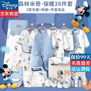 迪士尼（Disney）嬰兒衣服禮盒純棉新生兒春夏秋冬男女寶寶滿(mǎn)月百天見(jiàn)面禮用品a類(lèi) 森林米奇藍26件套保暖款 禮盒裝 66cm (建議0-5個(gè)月)