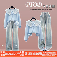 湯靈鼠女童套裝春裝新款初高中12-16歲學(xué)生娃娃領(lǐng)衛衣套裝時(shí)尚女孩衣服 藍色娃娃領(lǐng)衛衣+牛仔褲【套裝】 155 （S）碼【建議75-90斤】