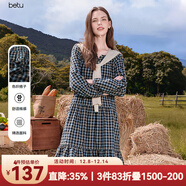 百圖betu女裝2025秋季新款連衣裙文藝田園風(fēng)格子氣質(zhì)顯瘦裙子2508T85 蘭黑 S