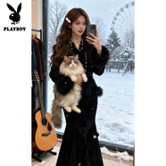 花花公子（PLAYBOY）千金穿搭套裝女秋冬巨好看赫本風(fēng)黑色毛毛外套半身裙兩件套 魚(yú)尾半裙 XL 【顯瘦遮肚/洋氣網(wǎng)紅女神范/鹽系炸街/微胖穿搭