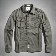Abercrombie & Fitch美式春秋款商務(wù)帆布多口袋工裝純棉長(cháng)袖襯衫襯衣歐美風(fēng)格外套上衣 灰綠色 L