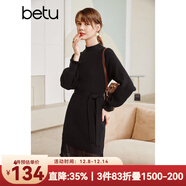 betu百圖女裝網(wǎng)紗拼接小高領(lǐng)木耳邊燈籠袖針織連衣裙女2110T69 黑色 L