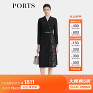 PORTS寶姿女裝2024早秋新款簡(jiǎn)約時(shí)尚印花經(jīng)典撞色拼接收腰長(cháng)袖連衣裙 黑色 L (8)