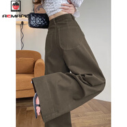 AEMAPE闊腿褲女春秋2026年牛仔褲女新款梨型高腰寬松遮肉垂感拖地長(cháng)褲 咖色 常規 M 【建議96-105斤】