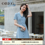 OBEG歐碧倩新復古回潮夏季修身收腰短袖針織西裝領(lǐng)連衣裙10422071 霧藍 S /160/36