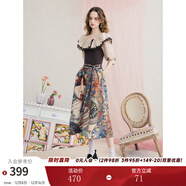 兩三事暮色詩(shī)行 2025夏季新款復古一字肩露肩條紋印花泡泡袖連衣裙 杏色 L