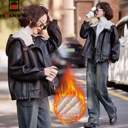 AEMAPE加絨加厚保暖PU皮衣女2025秋冬季小個(gè)子休閑寬松外套皮毛一體夾克 黑色 2XL 130-140斤