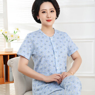 吉織嫚媽媽純棉開(kāi)衫睡衣女中老年人短袖長(cháng)褲家居服套裝吸汗透氣夏季薄款 B款-藍色（短袖長(cháng)褲套裝) 3XL （建議120-140斤）