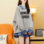 以純（YISHion）大碼女裝牛仔拼接衛衣女春季2024新款假兩件寬松春秋薄款上衣外套 灰色(加絨) 加厚 M (適合80-110斤)