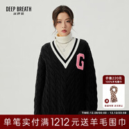 深呼吸DEEP BREATH女裝V領(lǐng)拼色麻花廓形套頭羊毛針織衫毛衣A301405 黑 L (4碼)