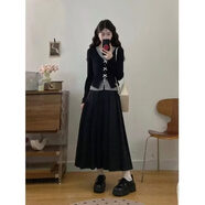 歌弗婭大碼胖mm秋季新款假兩件顯瘦蝴蝶結長(cháng)袖上衣百褶半身裙時(shí)尚套裝女 長(cháng)款 2XL