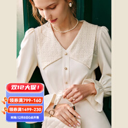 Olrain歐芮兒V領(lǐng)雪紡連衣裙女秋秋收腰顯瘦氣質(zhì)復古蕾絲拼接長(cháng)裙子 杏色 XL 170/92A