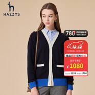 哈吉斯（HAZZYS）春秋款季女士針織衫撞色個(gè)性羊毛開(kāi)衫ABYSD13AD11 藏青色NV M (160/84A 38)