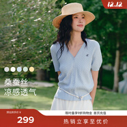 伊芙麗（eifini）蔣欣代言【夏季薄款全新升級】高智麻花毛衣短袖針織衫女 藍色 短袖V領(lǐng)現貨 S 80-105斤