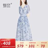 魅斑法式印花V領(lǐng)收腰新款連衣裙女2024夏季新款萊賽爾顯瘦連身裙 花色 M