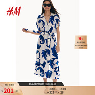 H&M女裝花卉連衣裙秋季通勤優(yōu)雅印花V領(lǐng)腰部系帶襯衫式長(cháng)裙1233620 白色/藍色圖案 XS 155/80