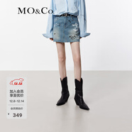 MO&Co.牛仔短裙夏航海趣味個(gè)性涂鴉洗磨剪邊高腰手工袋邊破洞摩安珂 牛仔藍色 S 160