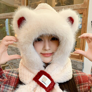 笙格兒帽子圍巾一體秋冬季保暖毛絨帽加厚仿兔毛可愛(ài)學(xué)生護耳帽子冬天女 5430米色-帽子圍巾一體 均碼