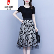皮爾卡丹（pierre cardin）假兩件裙夏季新款2025年女裝氣質(zhì)V領(lǐng)短袖拼接網(wǎng)紗印花連衣裙 黑色 L (建議103-115斤)