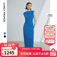 朗姿法式一字肩收腰抽褶設計感氣質(zhì)長(cháng)裙夏裝新款女禮服連衣裙 艦隊藍色2 L