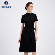 Navigare意大利小帆船短袖連衣裙女士夏季棉質(zhì)斜領(lǐng)裙子時(shí)尚顯瘦半袖a字裙 暗夜黑 L 碼