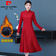 皮爾卡丹（pierre cardin）媽媽裝秋冬款加絨加厚改良旗袍連衣裙中長(cháng)款氣質(zhì)女裝修身顯瘦旗袍 紅色(加絨加厚) 有口袋 XL 建議90-105斤