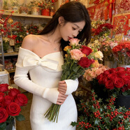 啄木鳥(niǎo)本命年新年戰袍紅色一字肩蝴蝶結針織連衣裙女秋冬修身包臀短裙子 白色冬季裙子/a型風(fēng)情萬(wàn)種裙/新年戰袍/冷淡系獨特別致 L