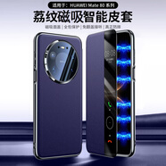 ZKU華為Mate80Promax手機殼SGT-AL10全包防摔智能視窗磁吸翻蓋真牛皮鏡頭玻璃膜保護套男士商務(wù)接電話(huà) Mate80ProMax【藍色】鏡頭玻璃磁吸+貼膜