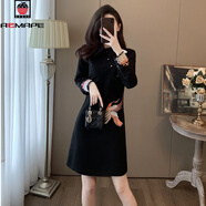 AEMAPE新中式氣質(zhì)刺繡連衣裙女秋冬2025春季新款時(shí)尚高級感顯瘦裙子女裝 黑色 S