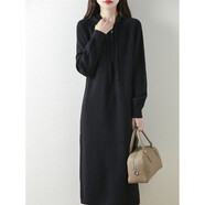 AEMAPE針織連衣裙秋冬新款超好看連帽中長(cháng)款毛衣裙加厚保暖寬松長(cháng)袖裙子 黑色 XL 建議120-135斤