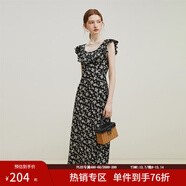 范思藍恩23FS12695韓系荷葉邊減齡連衣裙女夏季新款吊帶裙子 黑底碎花 XS