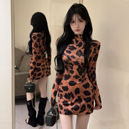 MPPMCK豹紋連衣裙 美式復古辣妹風(fēng)豹紋長(cháng)袖連衣裙半高領(lǐng)歐美高腰洋氣修 豹紋 S