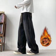 尊首（ZUNSHOU）加肥加大男加絨長(cháng)褲秋冬季胖子水洗復古港風(fēng)牛仔褲系帶松緊腰 黑色 2XL