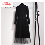 啄木鳥(niǎo)（TUCANO）小香風(fēng)黑色打底針織連衣裙女秋冬修身顯瘦純色百搭網(wǎng)紗拼接毛衣裙 黑色【平下擺】 均碼 85-135斤