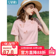 艾蓓怡粉色涼感冰瓷棉珍珠立體蝴蝶短袖T恤女白色2024夏季新款上衣別致 粉色 L